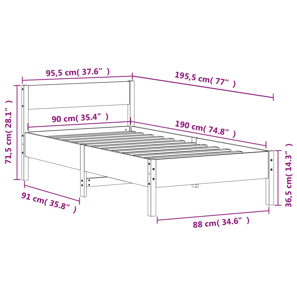 Letto senza Materasso 90x190 cm in Legno Massello di Pino 842778