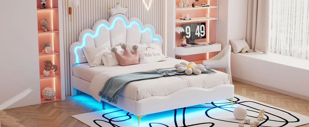 DESMIU Letto Matrimoniale 140 × 200 cm con LED regolabile e testiera regolabile, senza materasso, PU bianco