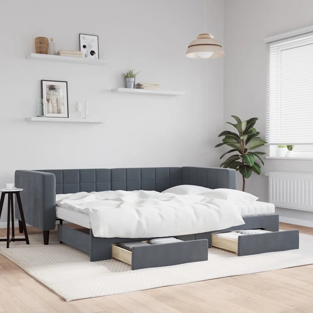 Divano Letto Estraibile Cassetti Grigio Scuro 90x190cm Velluto