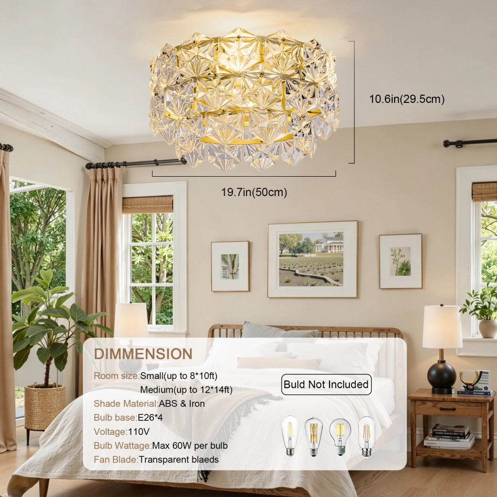 Ventilatore da soffitto 19 pollici con lampadario cristallo, stile lusso oro, motivo rombi, pale ABS, compatibile app, 6 velocit¨¤ reversibili