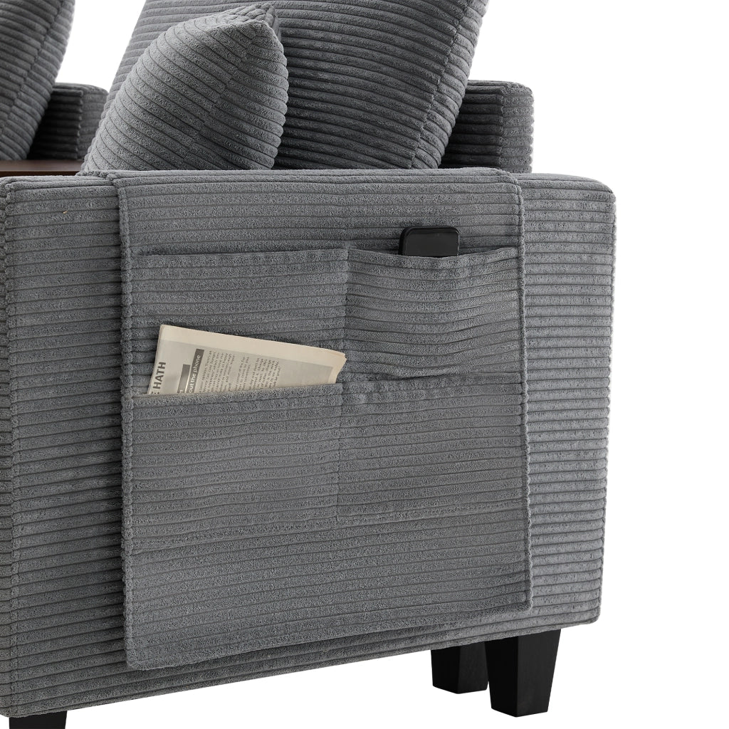 Divano angolare modulare a 4 posti in velluto a coste grigio con pouf contenitore console USB e portabevande