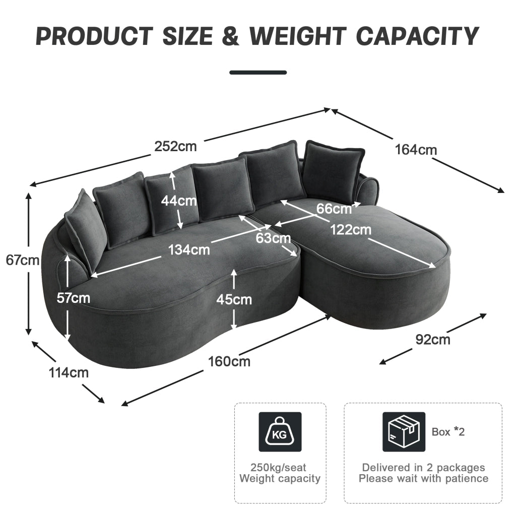 Chaise longue senza struttura in ciniglia con seduta extra profonda e braccioli larghi ergonomica grigio 122 cm