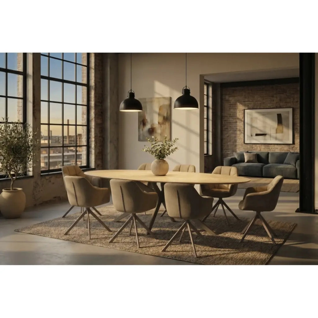 Tavolo da pranzo AVELIS ovale 220 cm in ceramica beige e metallo marrone stile contemporaneo