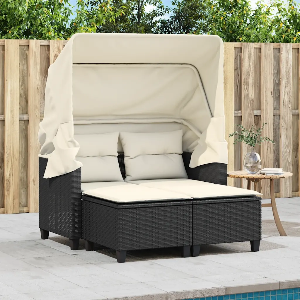 Divano Giardino 2 Posti-Sofa da Giardino-Divanetto da esterno Baldacchino e Sgabelli Nero Polyrattan 745071