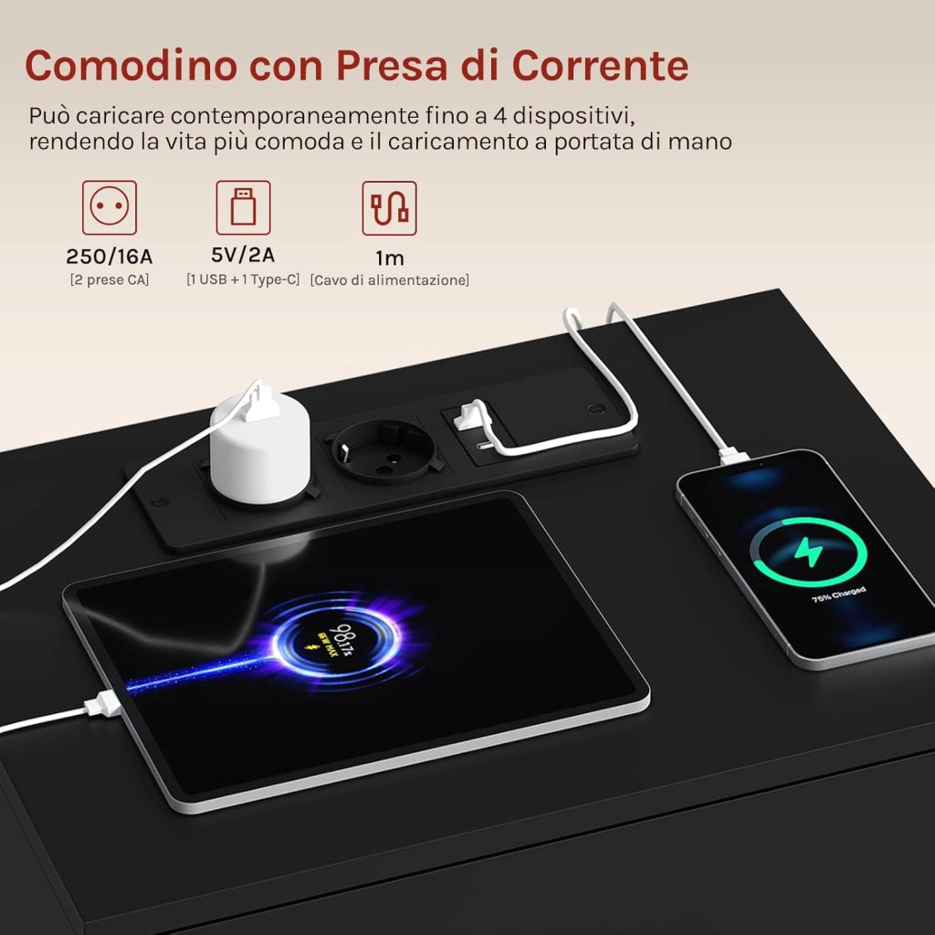 Set di 2 Comodini, Comodini con Stazione di Ricarica, con 3 Cassetti, Neri, per Soggiorno Camera da Letto Studio, 39x28.5x54.5cm