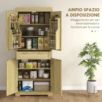 Credenza Cucina Stile Boho con 2 Armadietti, Cassetto e Portaspezie in Legno e Rattan, 76x40x183cm, Rovere
