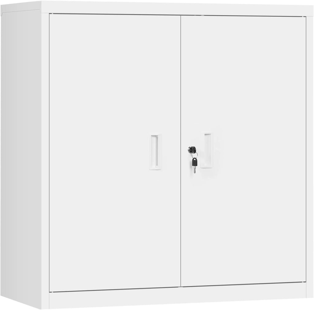 Armadio per Archiviazione con Serratura e Ripiano Regolabile in Altezza, Armadio Multiuso per Ufficio in Metallo, Bianco, L90xH92xP40 cm
