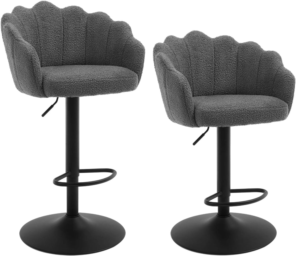 Sgabelli Cucina Set di 2, Regolabile e Girevole a 360°, Seduta in Tessuto Teddy, con Schienale e Poggiapiedi, per Cucina, Sala da Pranzo, Bar, Grigio scuro