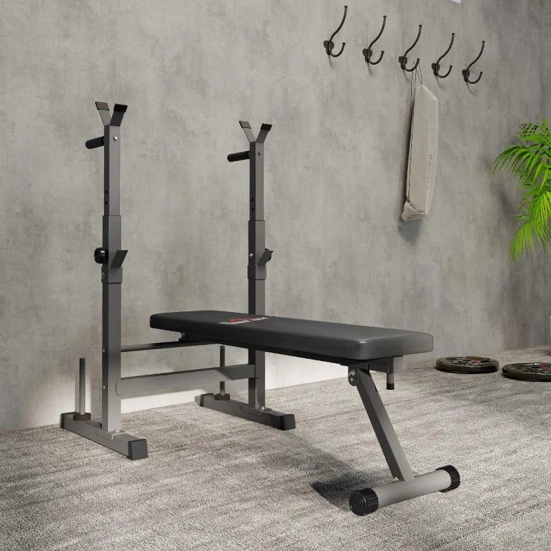 PANCA PESI PIEGHEVOLE CON 8 ALTEZZE REGOLABILI E SUPPORTO BILANCIERE IN ACCIAIO E PU, 140X73X98-122 CM, GRIGIO