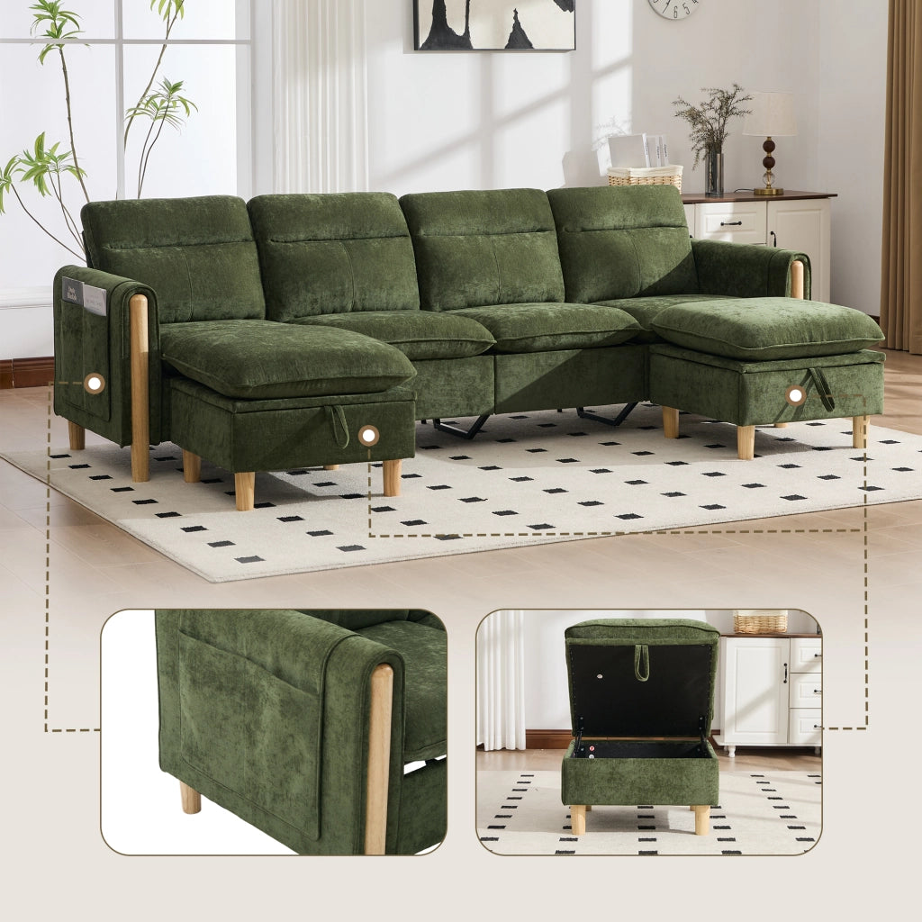 Divano ad angolo modulare 4 posti con 2 pouf contenitore e tasche laterali in ciniglia verde 261 × 77 × 86 cm