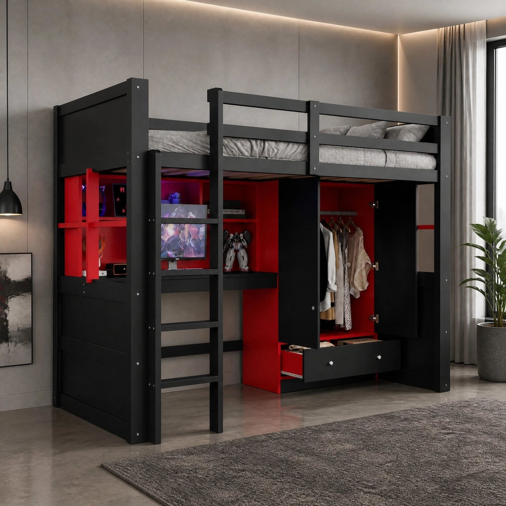 LETTO A CASTELLO ALTO 90x200 cm Nero/Rosso con scrivania e armadio