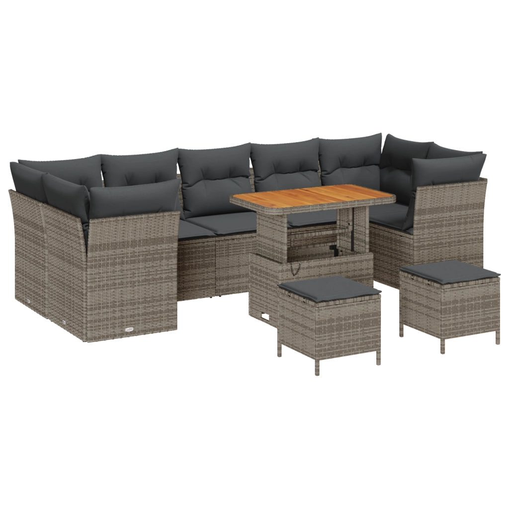 Set da giardino in rattan sintetico acacia grigio da 10 pezzi con cuscini