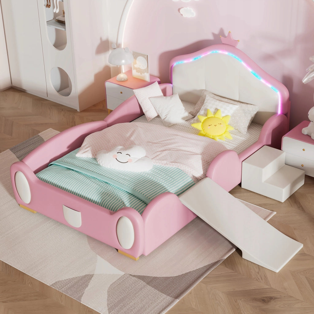 Letto 90x200cm - Xylo - LED, scivolo, PU, rosa+beige