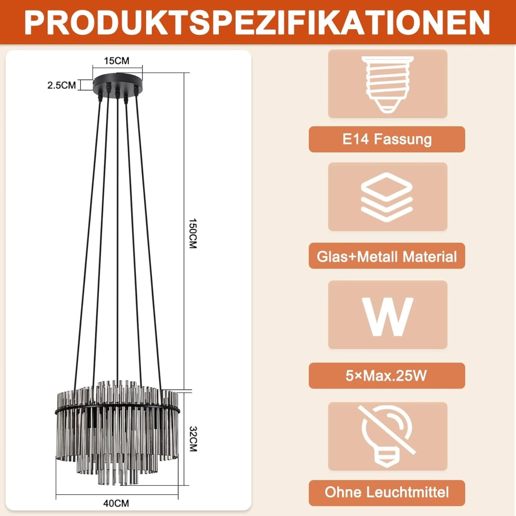 Lampada a Sospensione ZMH Vintage a 5 Fiamme E27 in Vetro Nero (senza Lampadina)