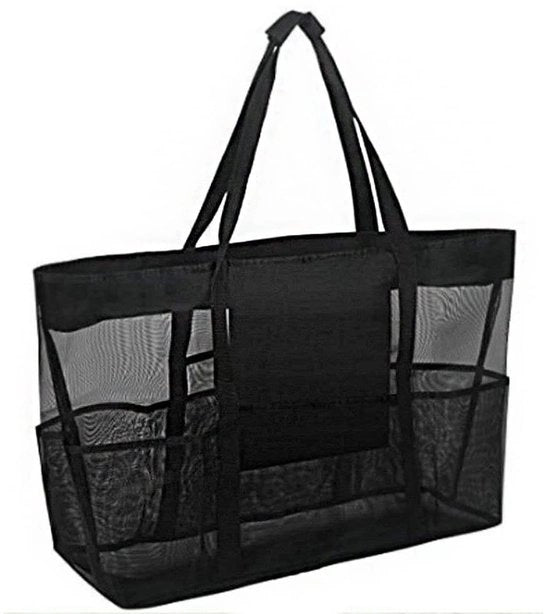 Borsa a rete pieghevole - Grande tas a spalla con 6 compartimenti - Ideale per spiaggia e gita fuori - Blu Marina 70x18x45cm - Spaziosa e ...