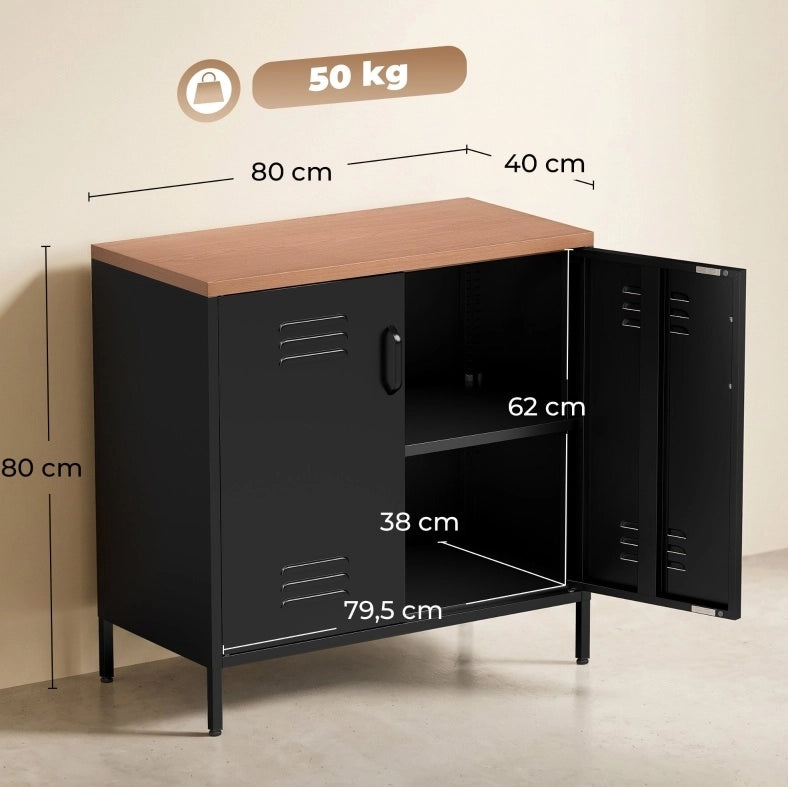Credenza in metallo nera 80 x 40 x 80 cm con ripiano regolabile