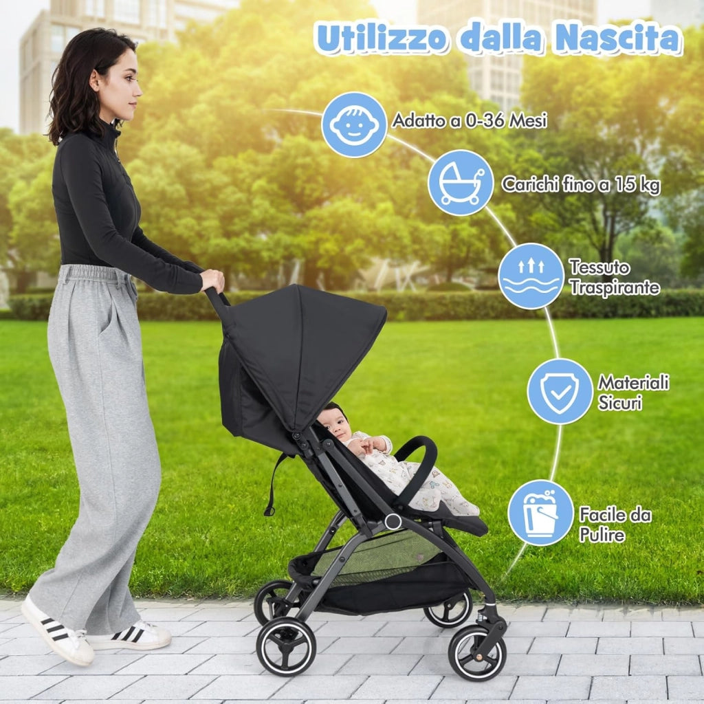 Passeggino Leggero per Bambini, Passeggino Pieghevole con Schienale Regolabile, Tettuccio, Cintura di Sicurezza a 5 Punti, Cestello Portaoggetti, per Bambini 0-36 Mesi (Nero)