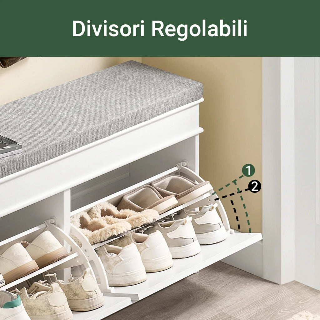 SoBuy FSR64-WG Scarpiera Salvaspazio Slim da Ingresso Panca Contenitore con Cuscino, Cassapanca Scarpiera Regolabile per Camera, Corridoio, 104x24x51cm, Effetto Legno Invecchiato Bianco