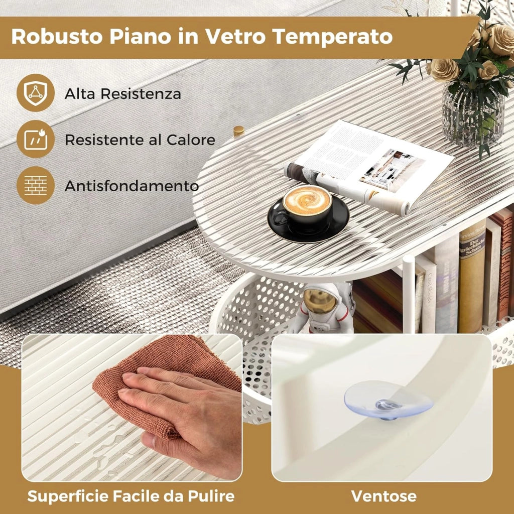 Tavolino da Caffè in Vetro a 2 Livelli, Tavolino Laterale con Ruote Bloccabili, Motivo Orso e Cesta di Stoccaggio, Tavolino per Salotto, Camera da Letto e Studio (Bianco)