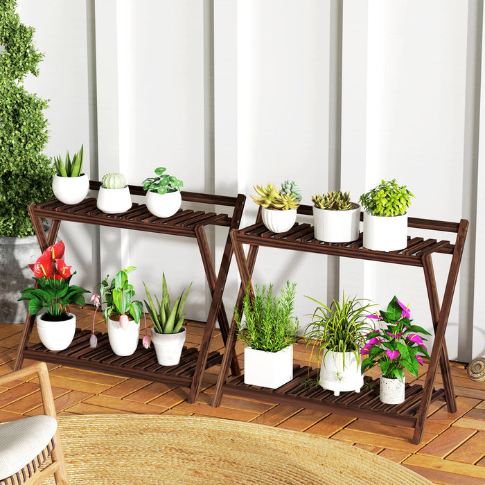 Set 2 Portapiante a 2 Livelli 73x36x64 cm con Design a Doghe in Legno Marrone