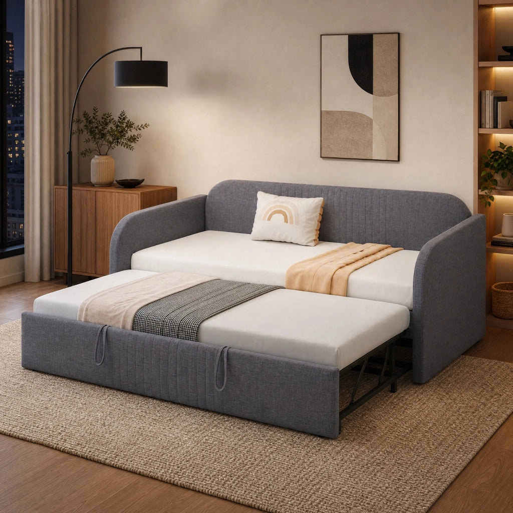 Letto imbottito estraibile 90x190/180x190 cm grigio con rete a doghe, in tessuto effetto lino, senza materasso