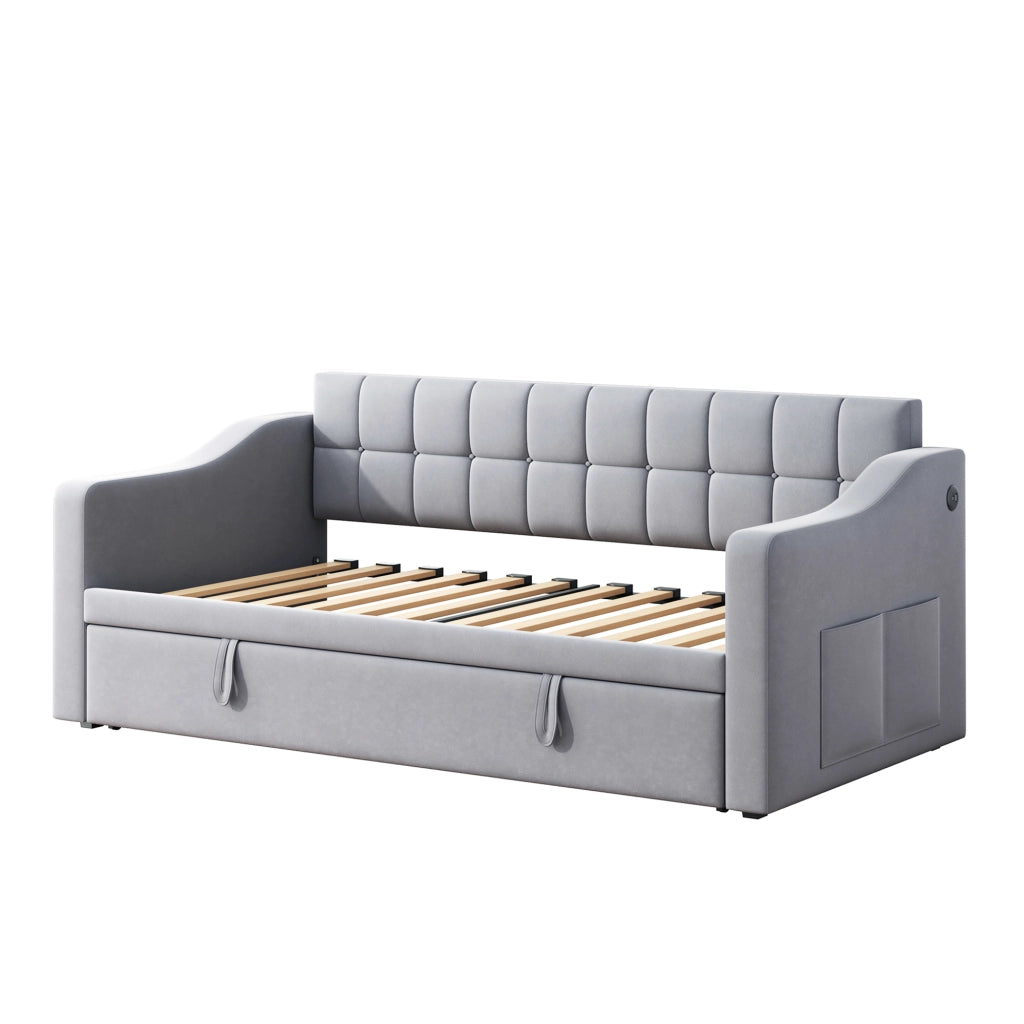 OKWISH Letto Estraibile 90×190 cm, Letto Singolo con 2 Porte USB, Presa e Tasca Portaoggetti, senza Materasso, Velluto, Grigio Chiaro