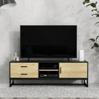 Mobile Porta TV 60" con Armadietto, 2 Cassetti e Ripiani Aperti, 140x35x45 cm, Legno Naturale