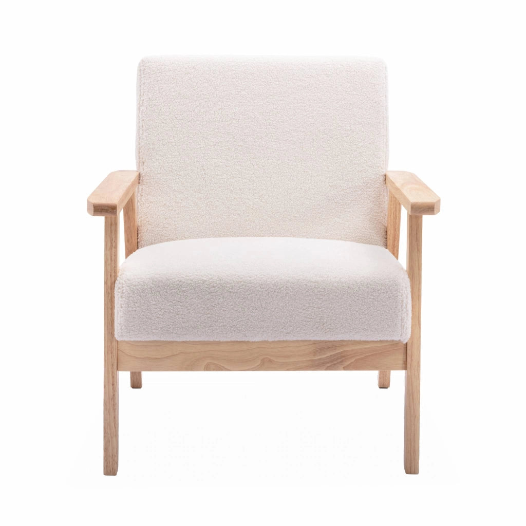 Poltrona scandinava in legno e tessuto bouclé, crema