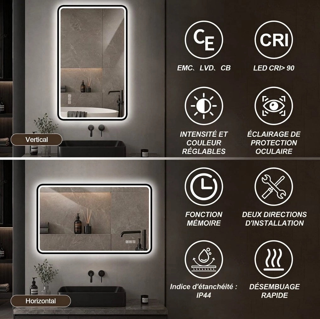 Specchio bagno LED ULEVR con cornice nera, antiappannamento, luce regolabile 3000K-6000K e memoria
