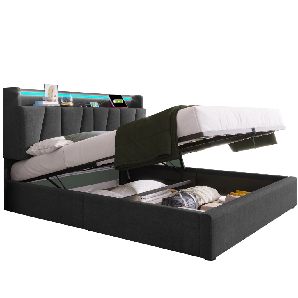 OKWISH Letto Contenitore 140×190 cm, Letto Matrimoniale con Testiera Contenitore, USB, Tipo C, LED Regolabile e senza Materasso, Lino, Grigio