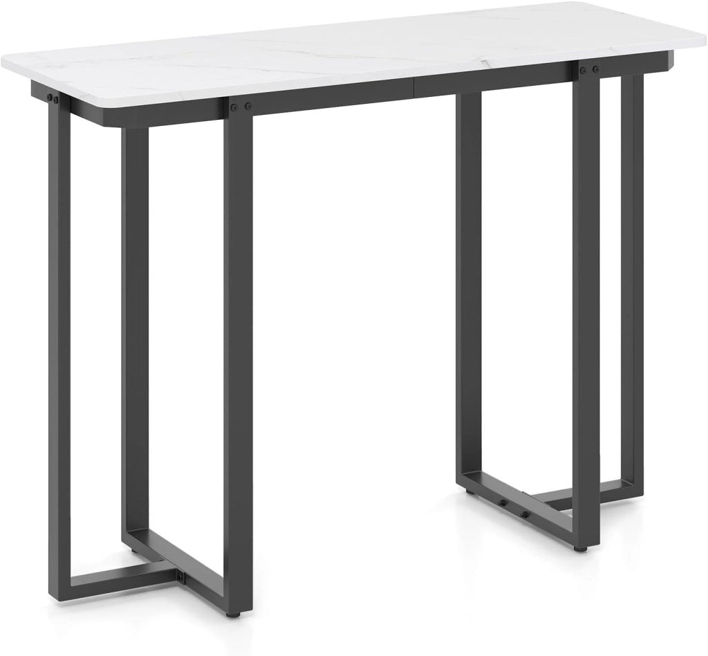 Tavolo consolle da ingresso, 107 x 40 x 79,5 cm, struttura in metallo e piano in finto marmo, tavolino moderno per soggiorno, corridoio, corridoio (orato)