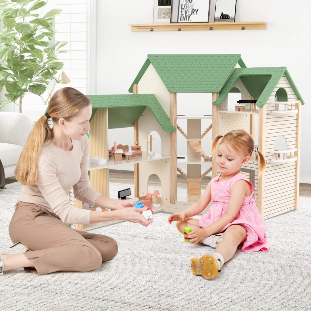 Casetta delle bambole ad angolo in legno, Casa delle bambole con tetto verde con 36 mobili e accessori Verde-Tende e Casette per bambini