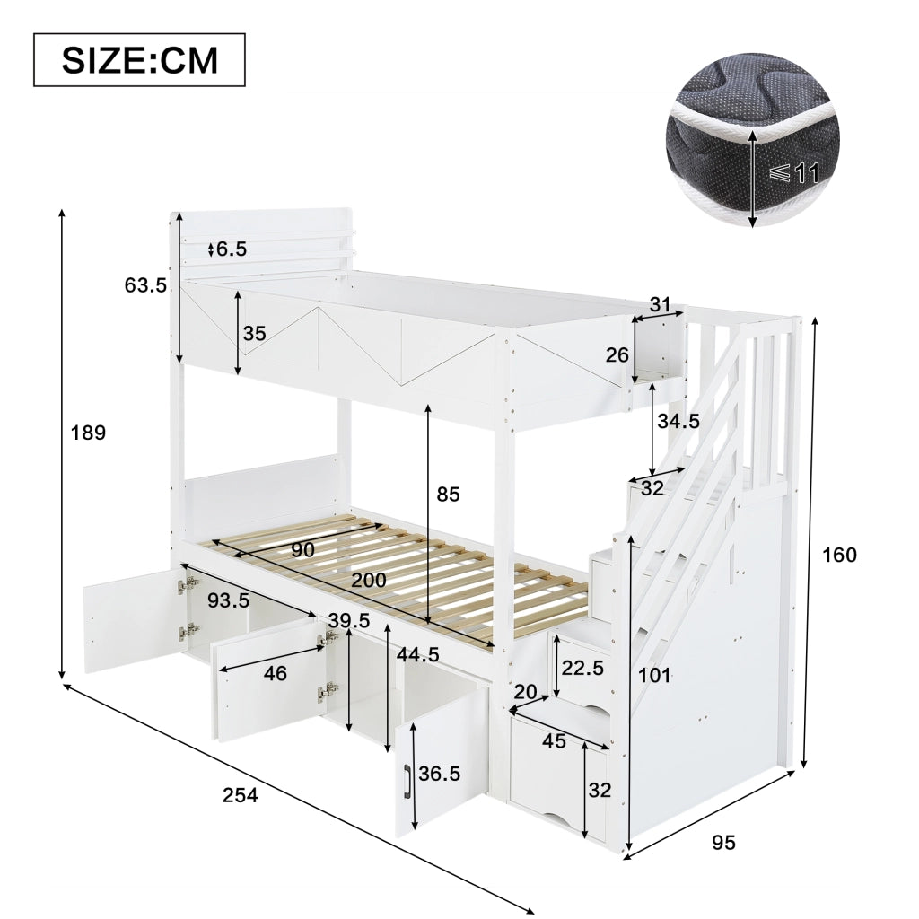 Letto a castello per bambini 90x200 cm con scala contenitore, vani portaoggetti sotto il letto, sponde di sicurezza alte e libreria, legno bianco
