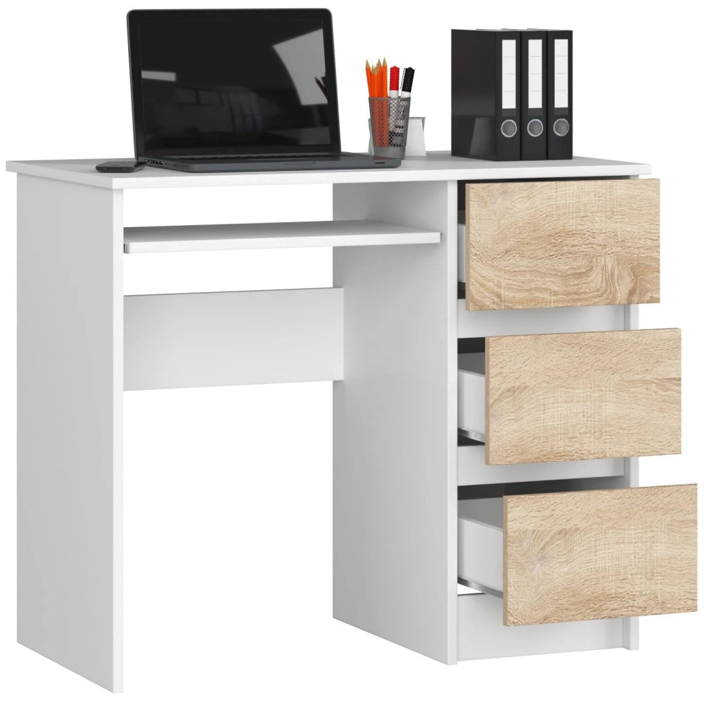 Scrivania per computer AKORD A6 Bianco 90 cm 3 cassetti inserto frontale Sonoma Quercia 90x50x77 cm Modello a destra