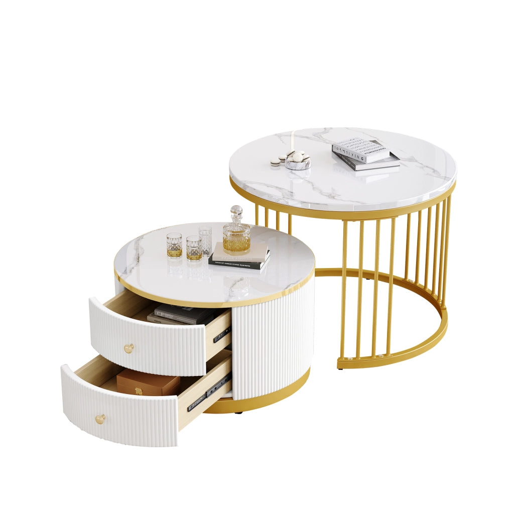 Set di tavolini da caffè 60x60x45.5 cm e 50x50x32 cm; effetto marmo lucido; 2 cassetti; MDF bianco