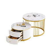 Set di tavolini da caffè 60x60x45.5 cm e 50x50x32 cm; effetto marmo lucido; 2 cassetti; MDF bianco