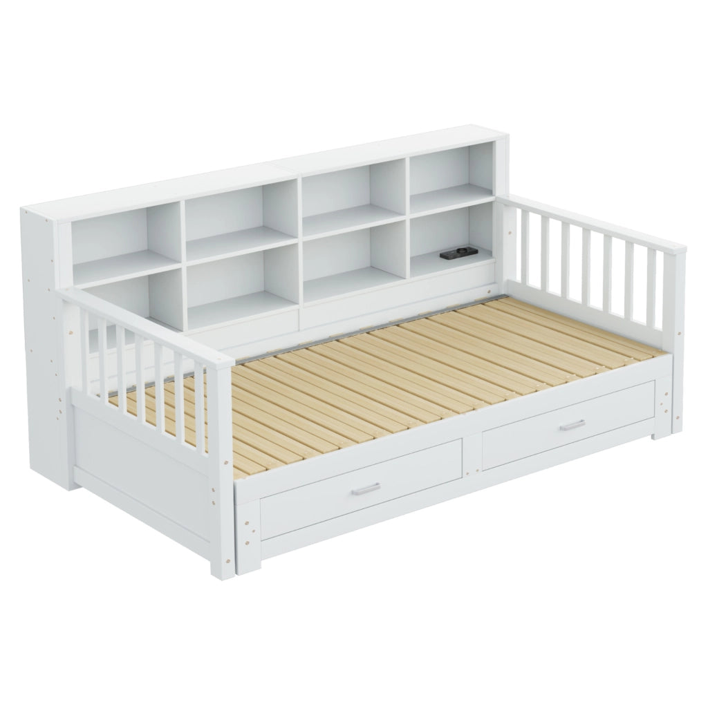 Divano letto 90x190 cm estraibile con contenitore; presa e 2 cassetti legno bianco