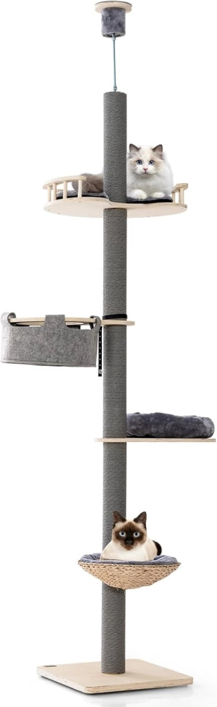 Tiragraffi alto a soffitto, altezza 236 – 271 cm, con 4 livelli, pedana per lettino, tronco spesso 10 cm, tenditore a soffitto regolabile in altezza, albero da arrampicata per gatti