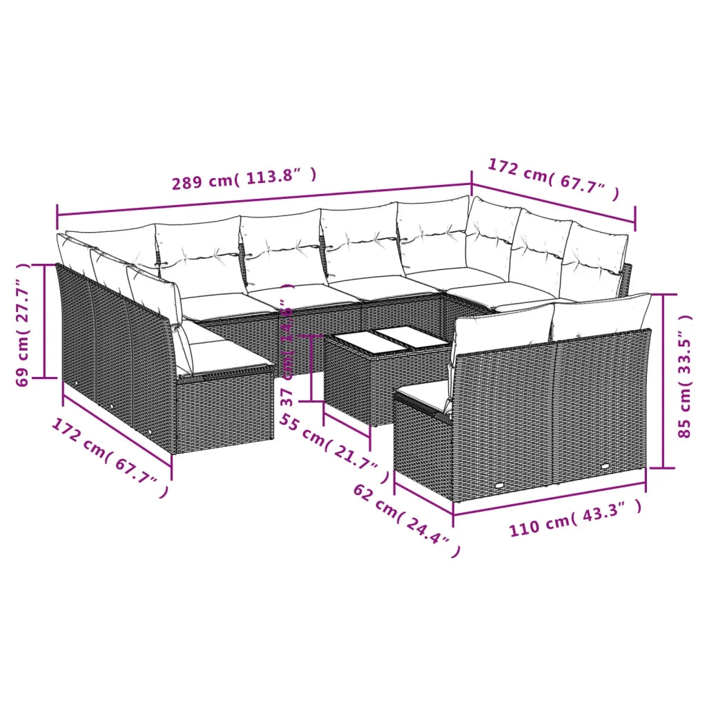 Set Divani da Giardino 12 pz con Cuscini Grigio in Polyrattan 3250199