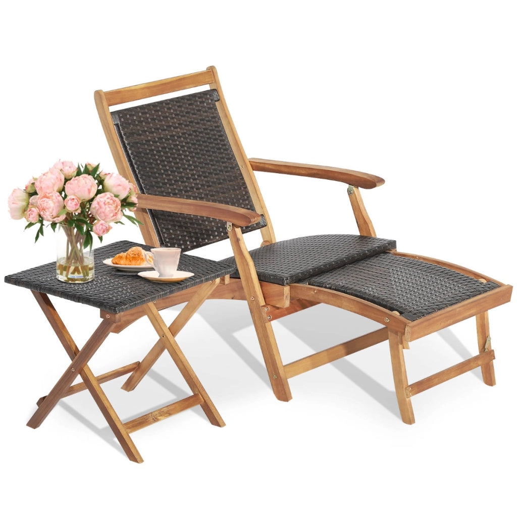Set di tavolo e sedia pieghevoli da esterno con ottomana braccioli retrattili, Mobili in rattan di legno acacia-Set mobili da esterno