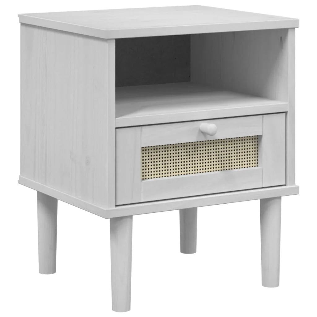 Comodino | Armadio da Notte | Mobiletto da notte SENJA Bianco Aspetto Rattan 40x35x48 cm in Legno Pino