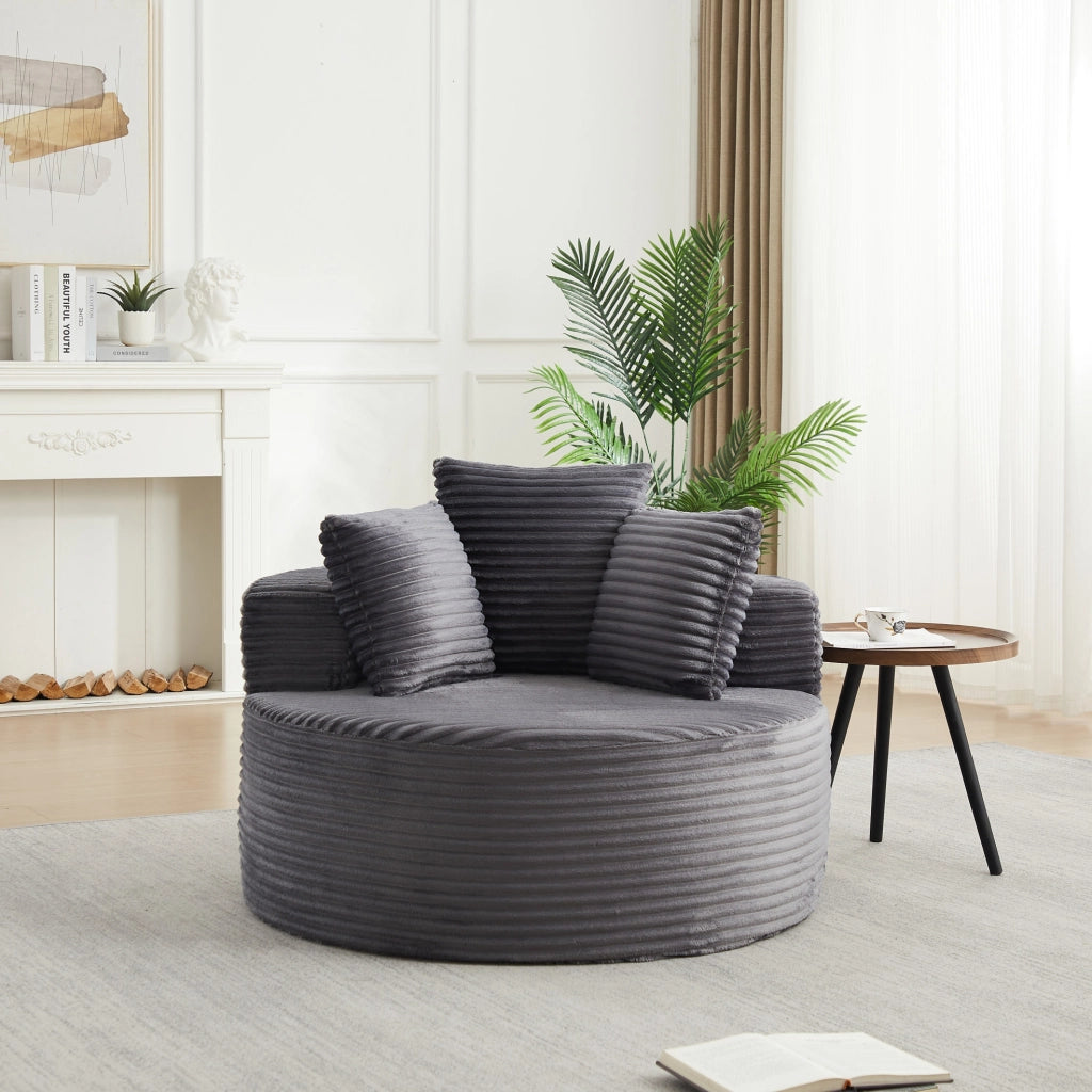 Poltrona lounge rotonda 110 cm grigia in velluto a coste con 3 cuscini