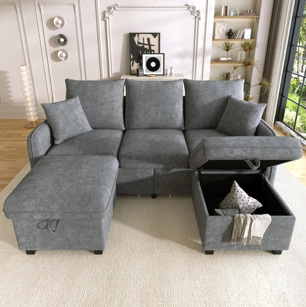 Divano angolare con 2 pouf contenitore; funzione letto; schiuma; grigio scuro