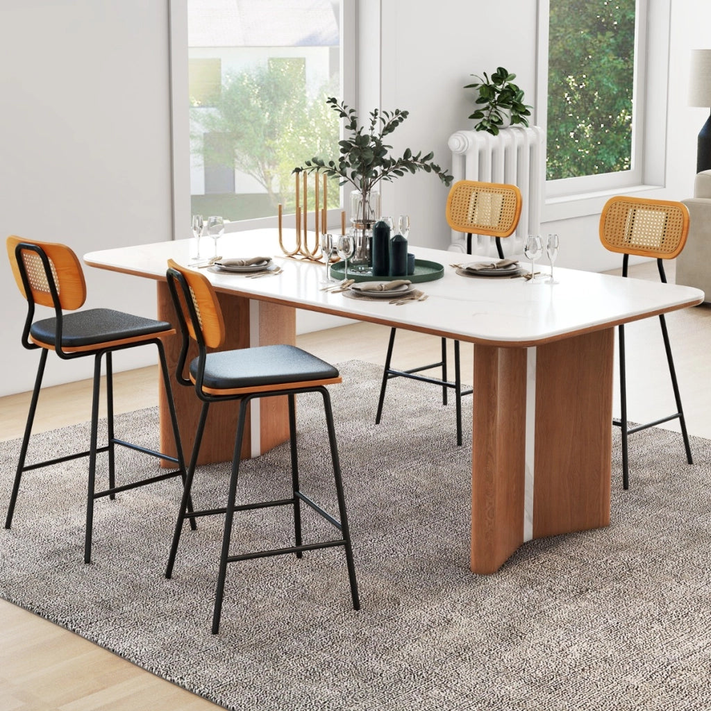 Set di 2 Sgabelli da bar con schienale in rattan gambe in metallo, Sgabelli da bar in ecopelle portata 140kg Nero-Sgabelli da bar