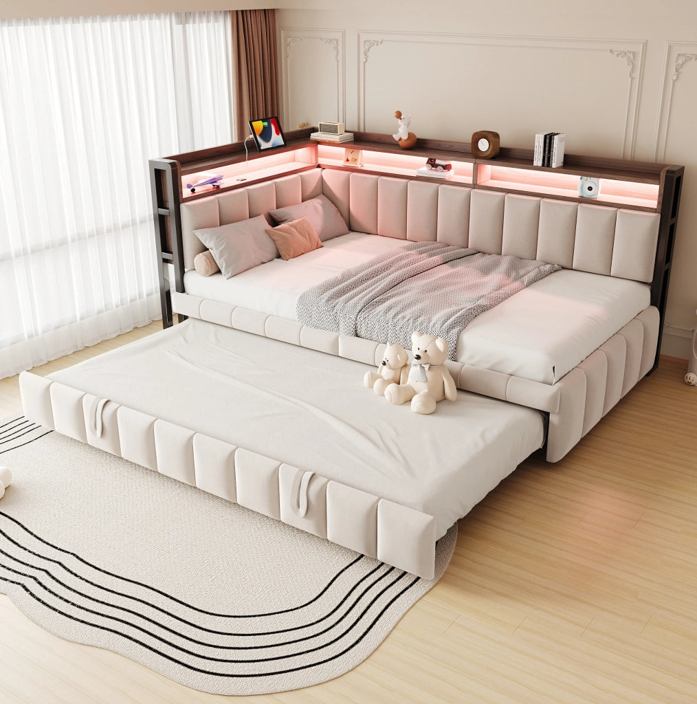 Divano letto angolare estraibile 90x200 cm in velluto beige con LED; USB e Type-C