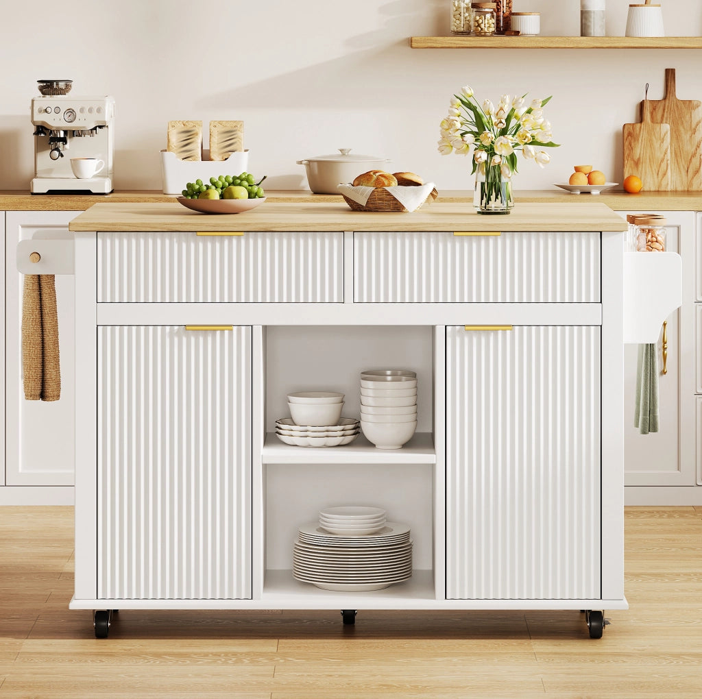 Isola cucina 143x45 cm bianca in MDF, piano pieghevole e 5 ruote