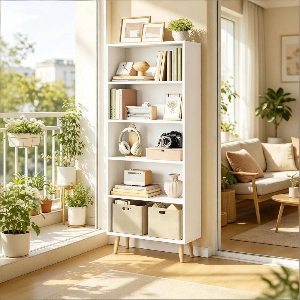 Libreria autoportante bianca con 5 scomparti aperti, struttura in melaminico E1 e legno massiccio