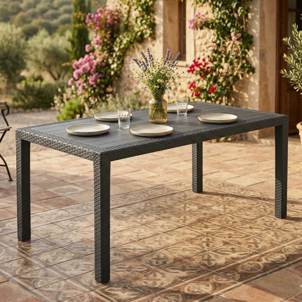 Tavolo da esterno Arca, Tavolo fisso rettangolare, Tavolo da giardino multiuso effetto rattan, 100% Made in Italy, Cm 138x78h72, Antracite