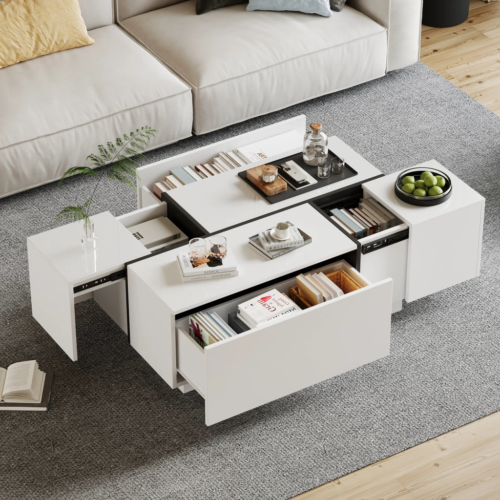 Tavolino da salotto con 4 Cassetti e Piano Scorrevole; Finitura Lucida; per Soggiorno; in Truciolato; 100 × 60 × 40 cm; Bianco