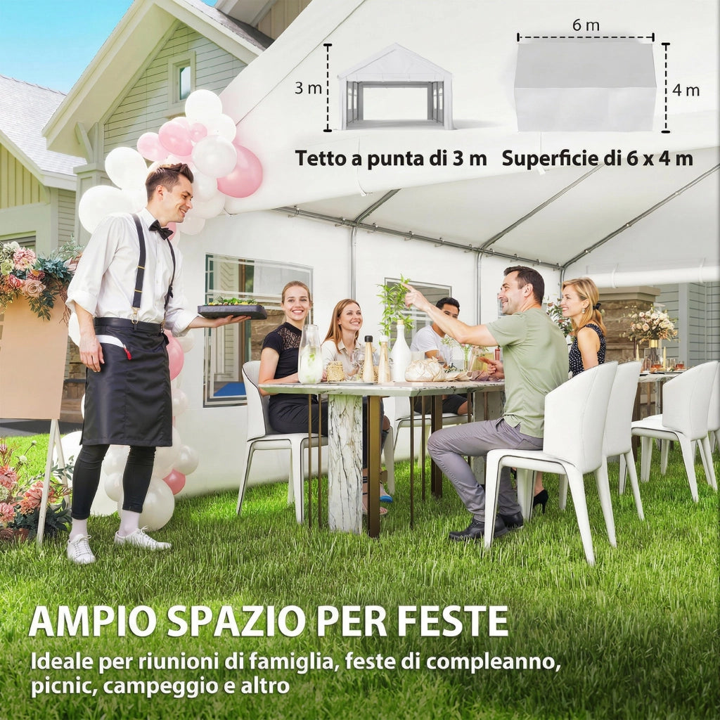 Gazebo da Giardino 597x395x302 cm con Pannelli Laterali 6 Finestre e Doppio Ingresso in Acciaio Galvanizzato Bianco